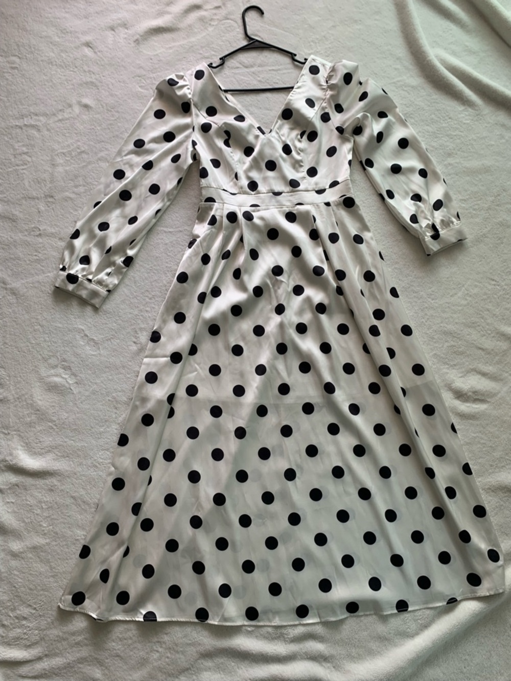 SHEIN White Long Sleeve Polka Dot Maxi Dress with Black Dots